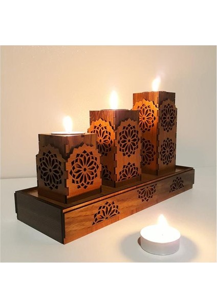 Ahşap Dekoratif Üçlü Mumluk Tealight Mum Uyumlu