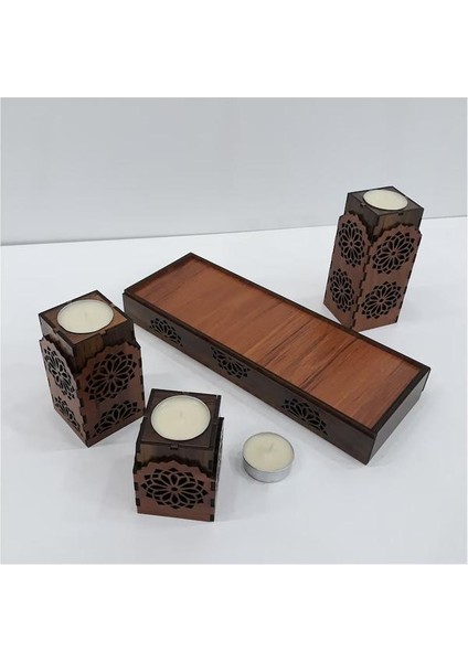 Ahşap Dekoratif Üçlü Mumluk Tealight Mum Uyumlu modelleri