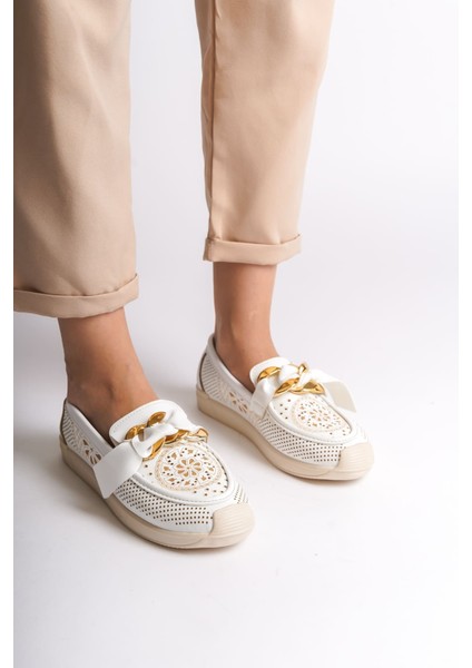 Lydıa Bağcıksız Ortopedik Rahat Taban Çiçek Desenli Kadın Babet Ayakkabı Ckt - Beyaz