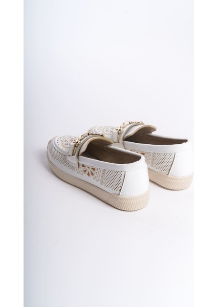 Lıly Bağcıksız Ortopedik Rahat Taban Çiçek Desenli Kadın Babet Ayakkabı Ckt - Beyaz indirimleri