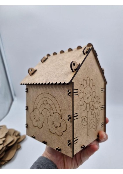10 Adet Desenli Ahşap Kuş Yuvası Evi Boyanabilir (Etkkinlik Için) 16 cm x 13 cm x 12 cm