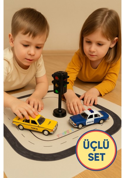 Metal Çek Bırak Taksi Polis Arabası ve Trafik Işığı 3 Lü Set Açılır Kapı Yumuşak Lastik 11 cm