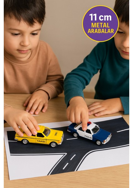 Metal Çek Bırak Taksi Polis Arabası ve Trafik Işığı 3 Lü Set Açılır Kapı Yumuşak Lastik 11 cm fırsatları