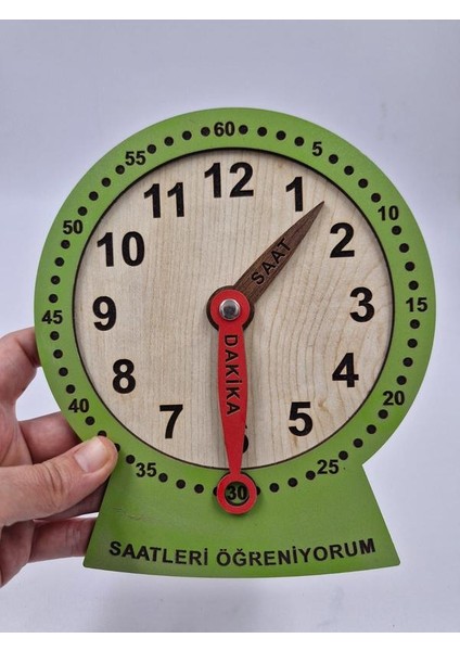 Ahşap Saatleri Öğreniyorum Montessori Eğitici Oyuncak Yeşil Renk 19 cm x 15 cm