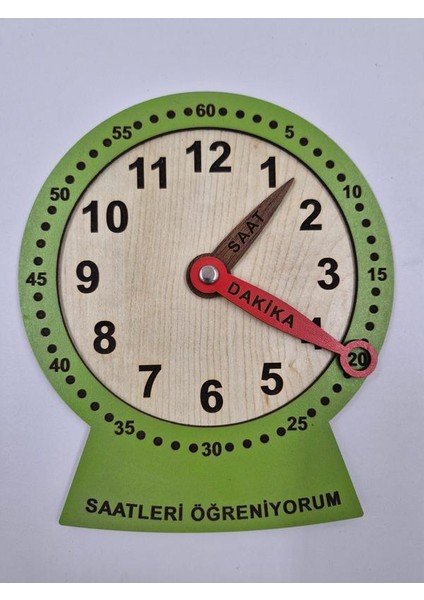 Ahşap Saatleri Öğreniyorum Montessori Eğitici Oyuncak Yeşil Renk 19 cm x 15 cm
