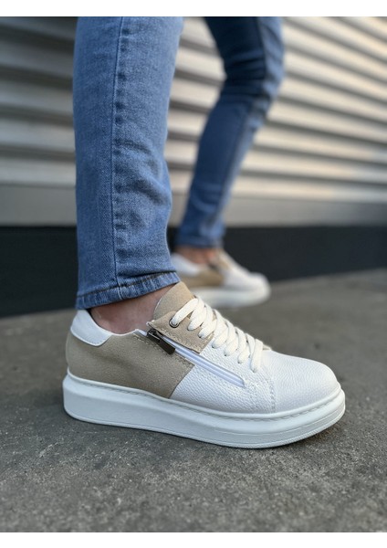 JY155 Warrior Bağcıklı ve Fermuarlı Cilt Süet Erkek Günlük Sneaker Ayakkabı Csbt - Beyaz/krem