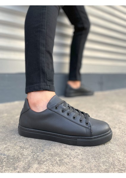 JY122 Mode Bağcıklı Cilt Erkek Günlük Sneaker Ayakkabı Cst - Siyah