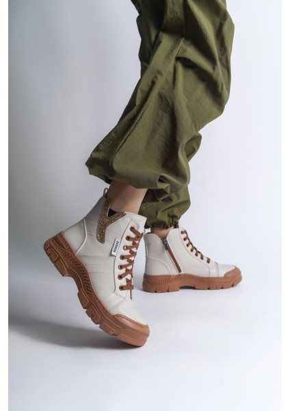 Amber Bağcıklı Fermuarlı Ortopedik Taban Kadın Bot Ctt - Krem