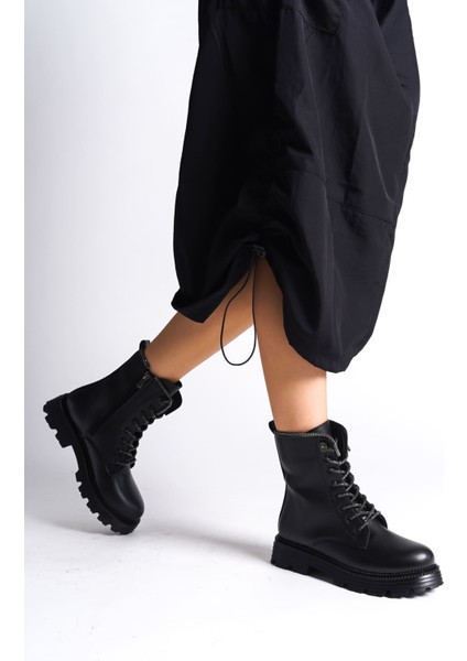 Pamela Bağcıklı Fermuarlı Ortopedik Taban Taşlı Kadın Bot Cst - Siyah