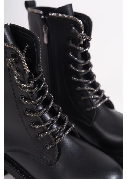 Pamela Bağcıklı Fermuarlı Ortopedik Taban Taşlı Kadın Bot Cst - Siyah indirimleri