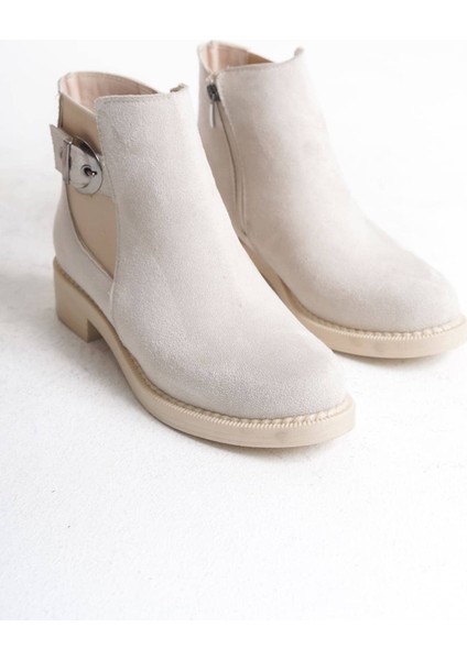 Luna Fermuarlı Lastikli Ortopedik Taban Topuklu Süet Kadın Bot Skt - Krem indirimleri