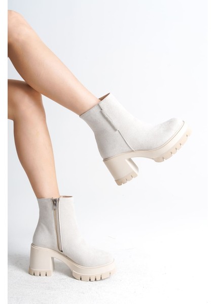 Lısse Fermuarlı Ortopedik Taban Kalın Topuklu Süet Kadın Bot Skt- Krem fiyatları