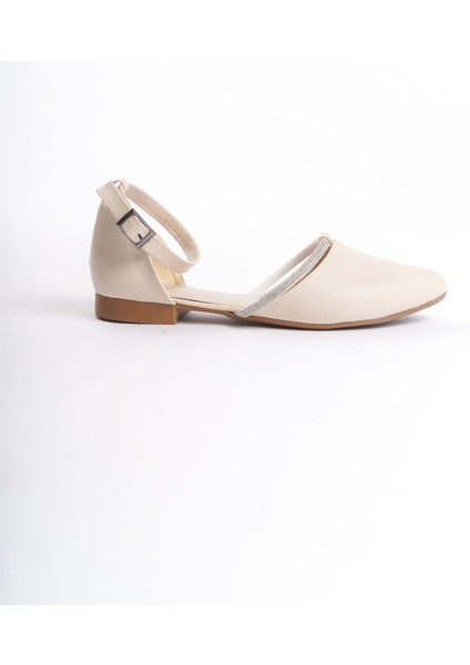 Monıca Tokalı Ortopedik Rahat Taban Taş Detaylı Kadın Babet Ayakkabı Ckt - Krem