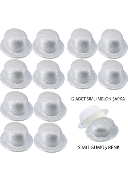 Gümüş Renk Simli Melon Yuvarlak Parti Şapkası 12 Adet - Lisinya