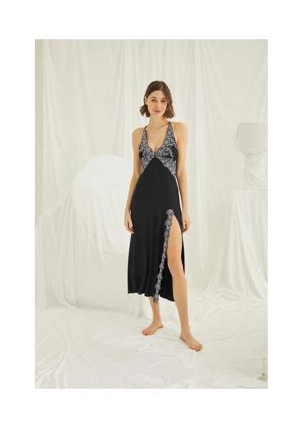 Monamise Dekolteli Brode Dantelli Yırtmaçlı Gecelik fiyatları