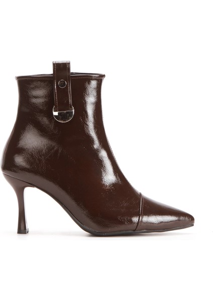 Kahverengi Hakiki Deri Görünümlü Sivri Burunlu Ince Topuklu Şık Tokalı Bot fiyatları