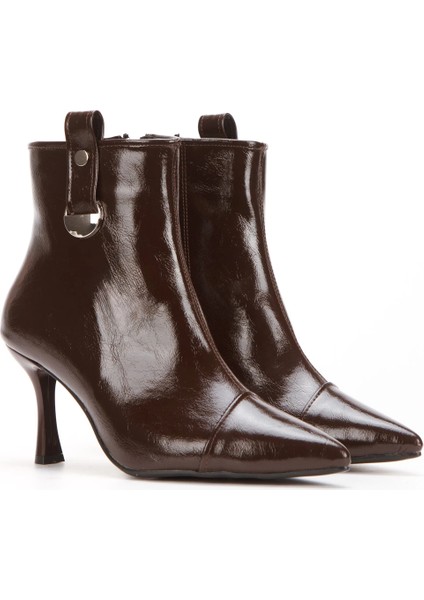 Kahverengi Hakiki Deri Görünümlü Sivri Burunlu Ince Topuklu Şık Tokalı Bot indirimleri