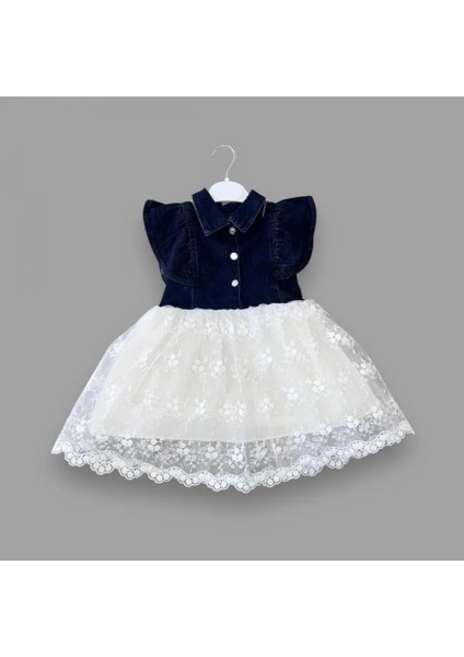 2-3-4 Yaş Astarlı Brode Etekli Kot Kumaş Düğmeli Kız Çocuk Elbisesi Lacivert