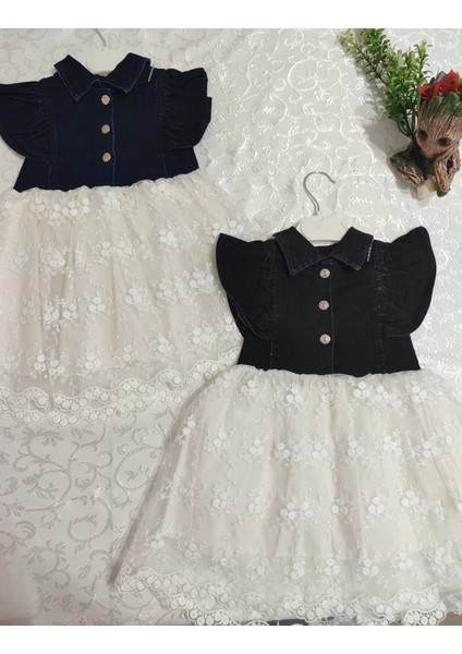 2-3-4 Yaş Astarlı Brode Etekli Kot Kumaş Düğmeli Kız Çocuk Elbisesi Lacivert fiyatları