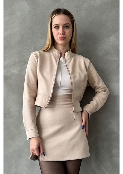 Boydan Fermuarlı, Kol Düğmeli Süet Crop Model Ceket fiyatları