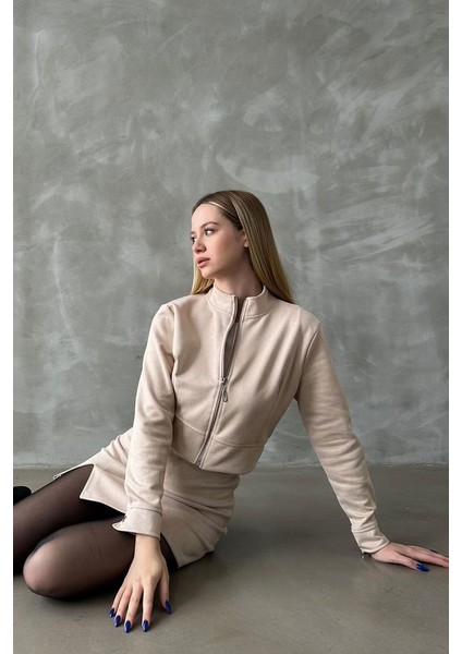 Boydan Fermuarlı, Kol Düğmeli Süet Crop Model Ceket modelleri