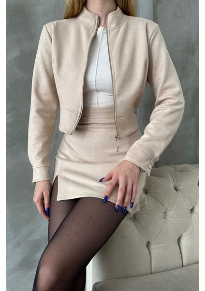 Boydan Fermuarlı, Kol Düğmeli Süet Crop Model Ceket fırsatları