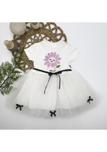 1-2-3 Yaş Payet Yapraklı Çiçek Nakışlı Astarlı Kız Bebek Tütü Elbisesi Beyaz