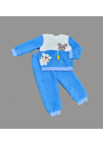 1-2-3 Yaş Sallanan Balık Nakışlı Kuzu Kumaş Sweat Pantolon Uzun Kollu Kız Erkek 2 Li Takımı Saks Mavisi