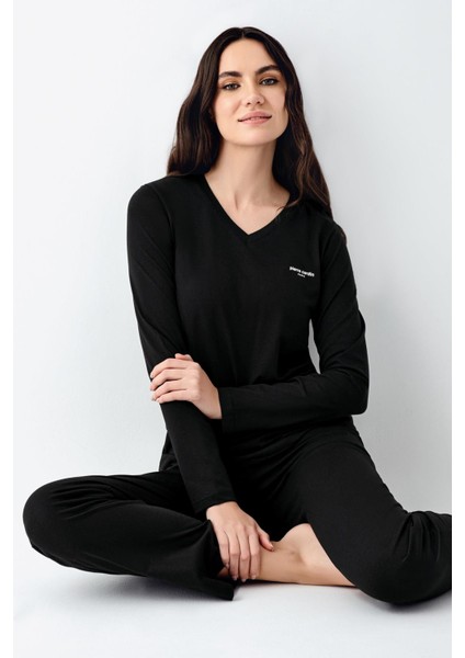 Kadın V Yaka Modal Pamuklu 4 Mevsim Kumaş Uzun Kollu Pijama Takım