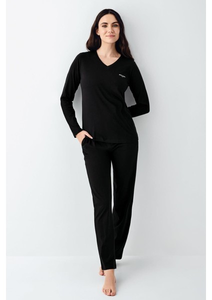 Kadın V Yaka Modal Pamuklu 4 Mevsim Kumaş Uzun Kollu Pijama Takım fiyatları