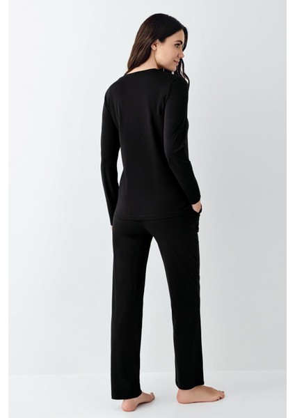 Kadın V Yaka Modal Pamuklu 4 Mevsim Kumaş Uzun Kollu Pijama Takım fırsatları