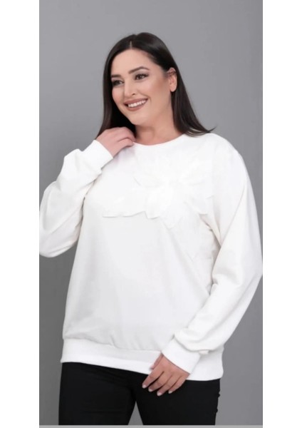 Kadın Büyük Beden Boncuk Detaylı Büyük Çiçek Aplikeli Pamuk Sweatshirt fiyatları