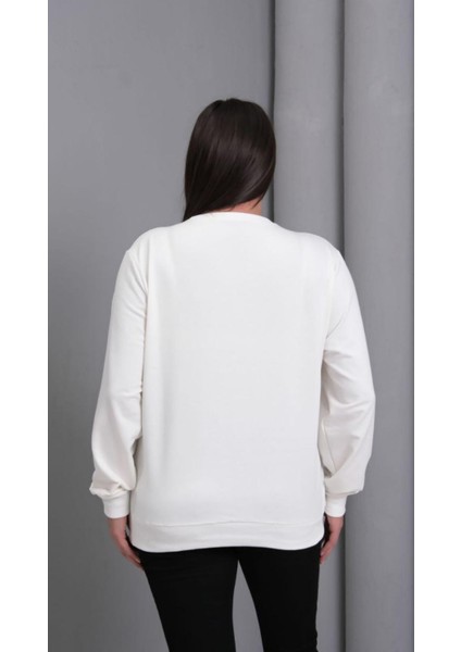 Kadın Büyük Beden Boncuk Detaylı Büyük Çiçek Aplikeli Pamuk Sweatshirt