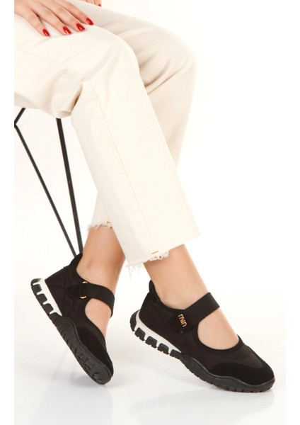 Kadın Siyah Ortopedik Taban Cırtlı Babet Spor Ayakkabı