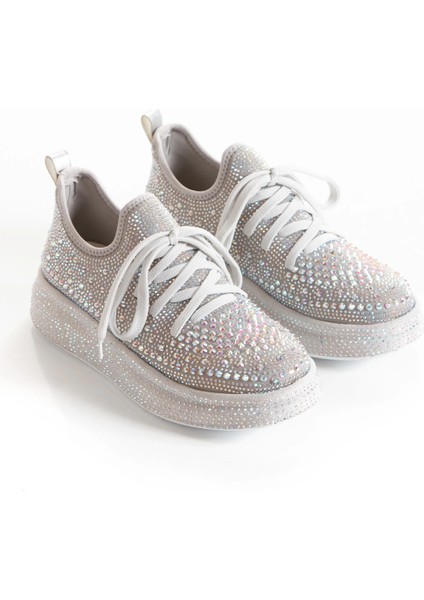 Kadın Gümüş Işıltı Taşlı Yüksek Platform Tabanlı Sneaker modelleri