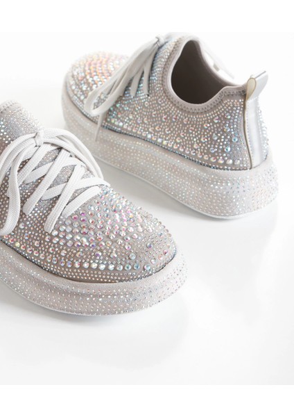Kadın Gümüş Işıltı Taşlı Yüksek Platform Tabanlı Sneaker indirimleri