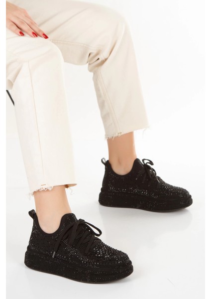 Kadın Siyah Işıltı Taşlı Yüksek Platform Tabanlı Sneaker