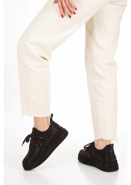 Kadın Siyah Işıltı Taşlı Yüksek Platform Tabanlı Sneaker fırsatları