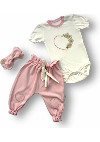 3-6 6-9 9-12 Ay Çiçekli Baharın Kalbi Nakışlı Bandanalı Kısa Kollu Zıbınlı 3lü Kız Bebek Takımı Ekru