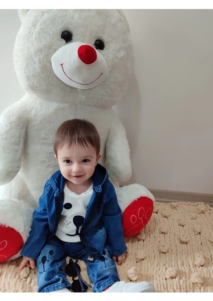 9-12-18-24 Ay Kot Kumaş Kapşonlu Uzun Kol Sweatli Kot Kumaş 3lü Erkek Bebek Takımı Mavi