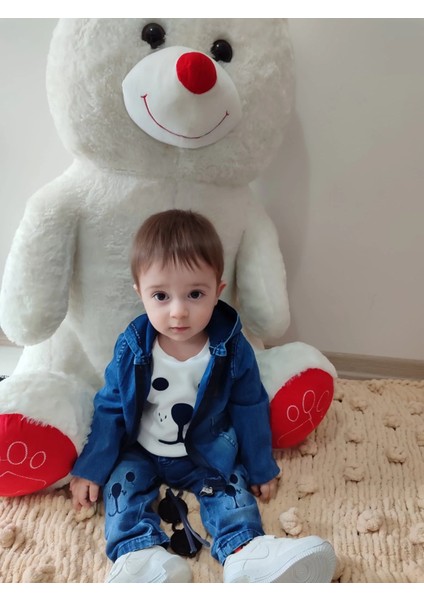 9-12-18-24 Ay Kot Kumaş Kapşonlu Uzun Kol Sweatli Kot Kumaş 3lü Erkek Bebek Takımı Mavi