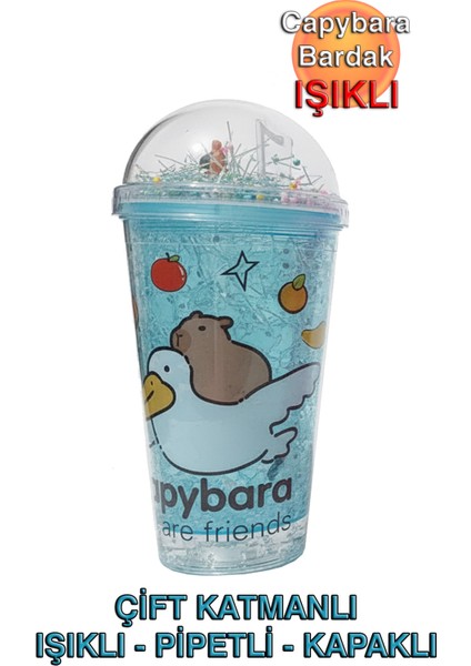 Capybara Çift Cidarlı, Işıklı, Pipetli, Kapaklı Bardak