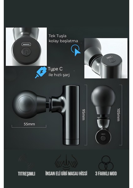 Kablosuz Mini Masaj Tabancası Sessiz Çalışma USB Type-C Şarjlı Kas Gevşetici Taşınabilir Masaj Aleti