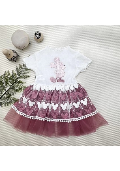 1-2-3 Yaş Payetli Mickey Baskılı Brode Etekli Kız Bebek Elbisesi Rose