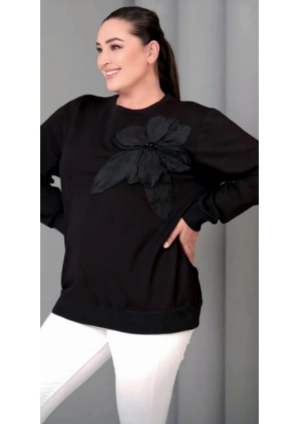 Kadın Büyük Beden Boncuk Detaylı Büyük Çiçek Aplikeli Pamuk Sweatshirt
