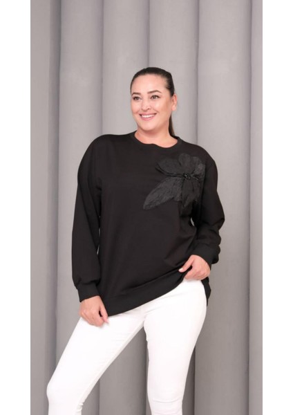Kadın Büyük Beden Boncuk Detaylı Büyük Çiçek Aplikeli Pamuk Sweatshirt fiyatları
