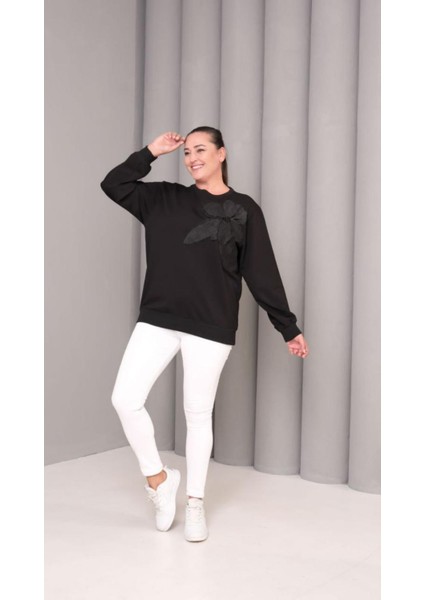 Kadın Büyük Beden Boncuk Detaylı Büyük Çiçek Aplikeli Pamuk Sweatshirt fırsatları