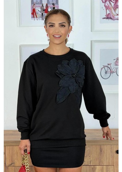 Kadın Büyük Beden Boncuk Detaylı Büyük Çiçek Aplikeli Pamuk Sweatshirt indirimleri