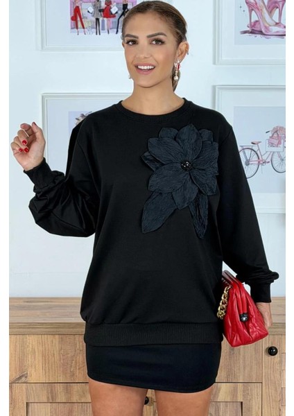 Kadın Büyük Beden Boncuk Detaylı Büyük Çiçek Aplikeli Pamuk Sweatshirt