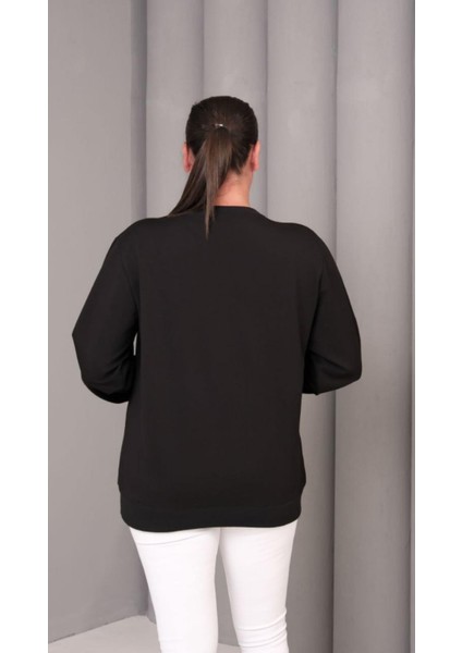 Kadın Büyük Beden Boncuk Detaylı Büyük Çiçek Aplikeli Pamuk Sweatshirt